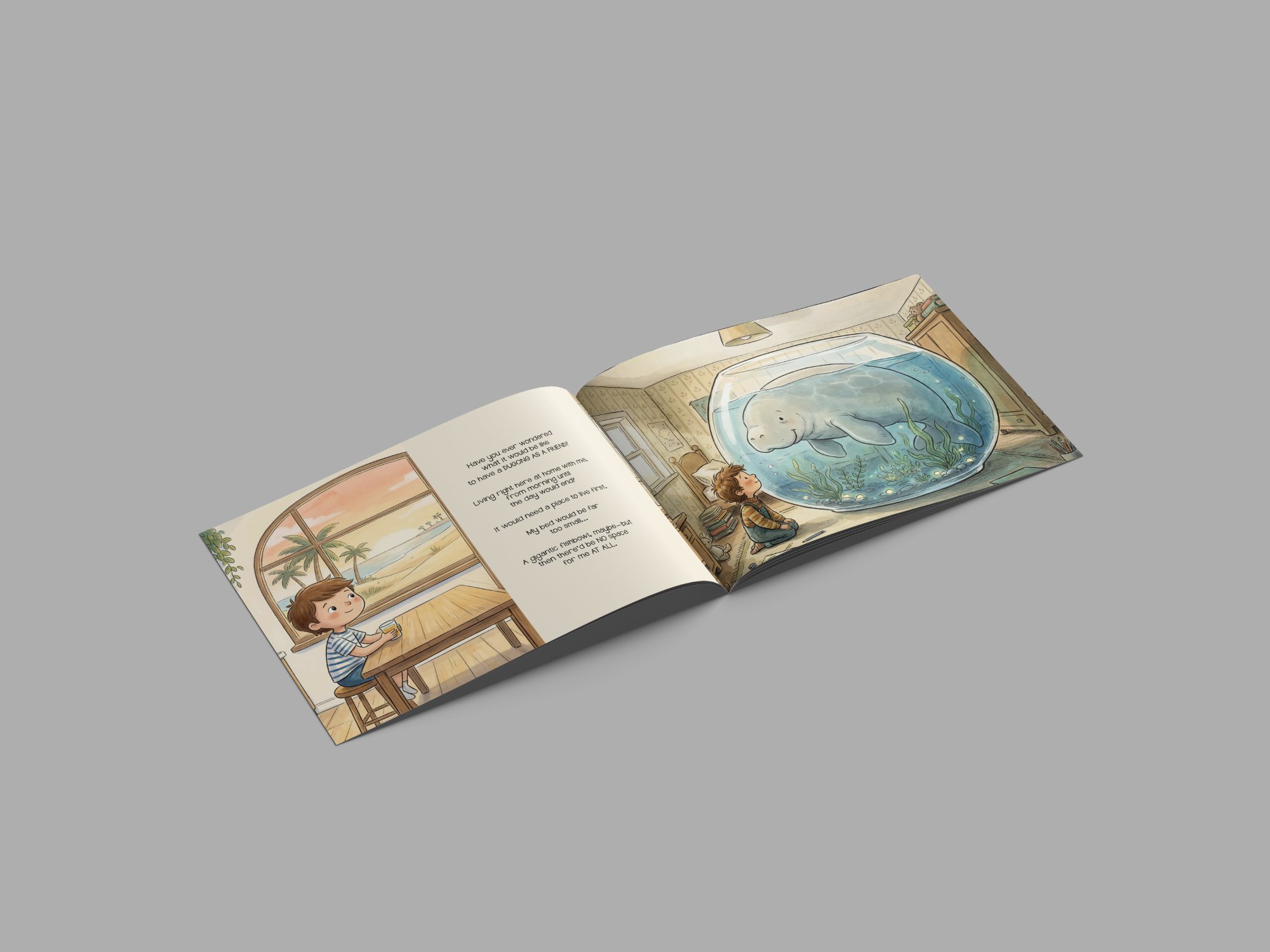 Open spread — child imagining Dumi in a giant fishbowl at home