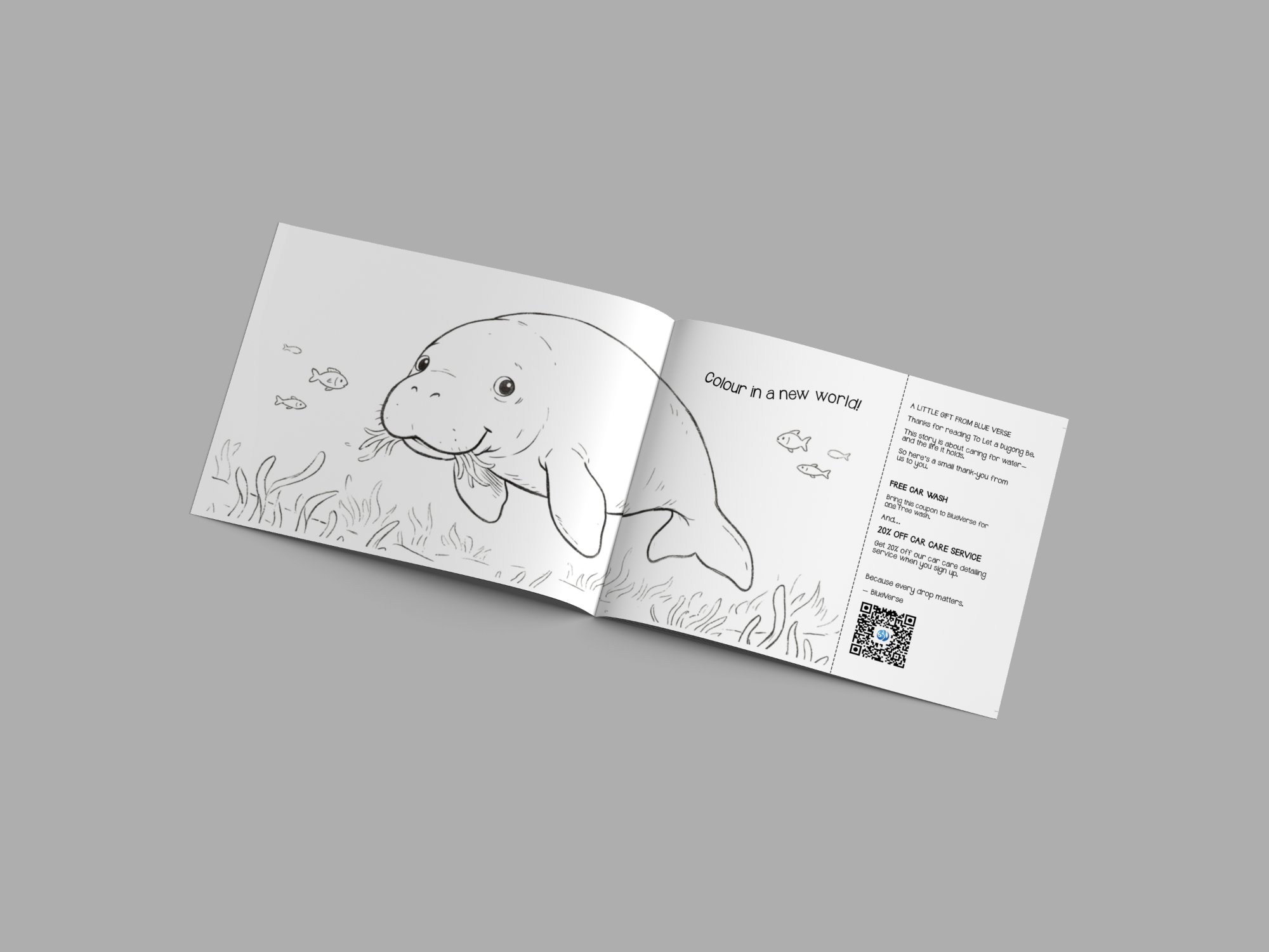 Open spread — colouring page and BlueVerse gift voucher