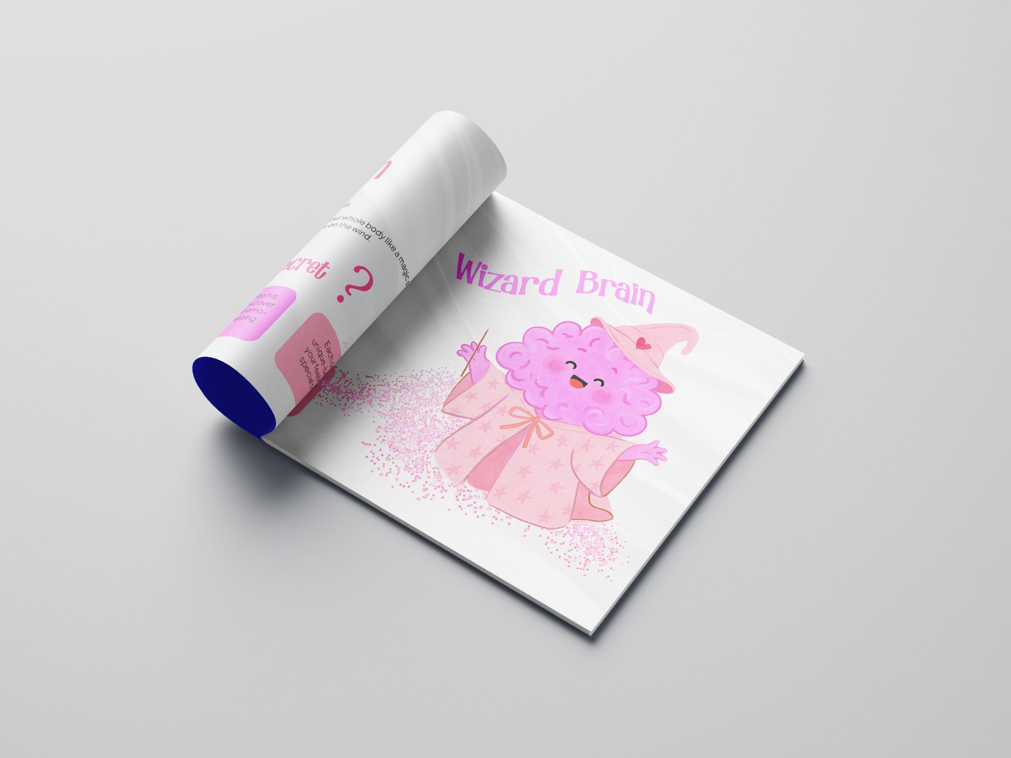 Wizard Brain — character introduction page, pink brain in wizard hat with sparkle dust