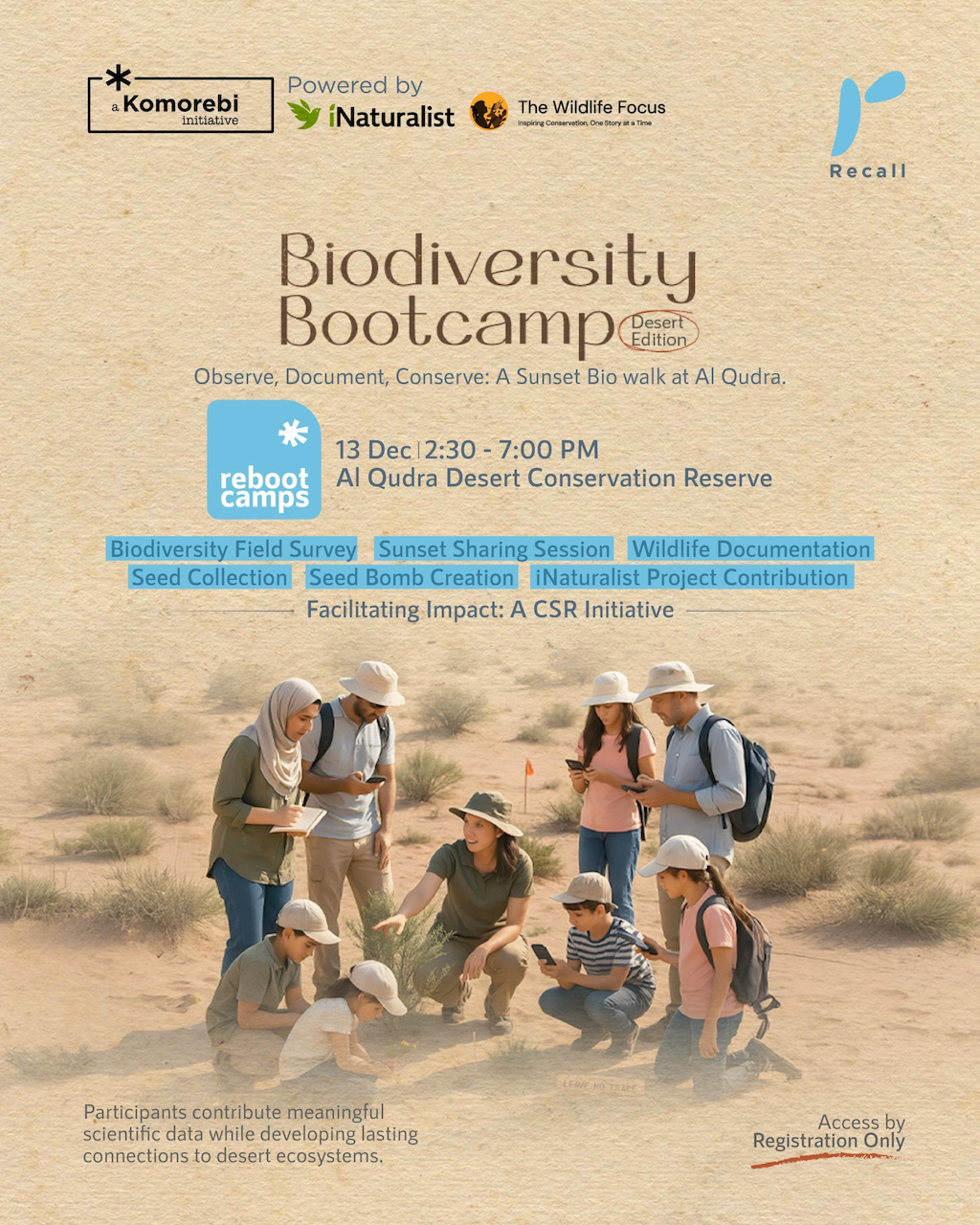 Biodiversity Bootcamp event poster — a Komorebi initiative powered by iNaturalist
